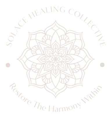 Soft pink logo that says Solace Healing Collective - Restore the Harmony From Within